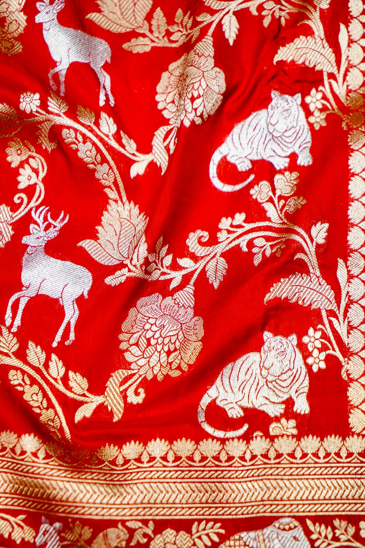 Handwoven Brick Red Shikargah Banarasi Katan Silk Saree