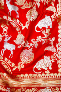 Handwoven Brick Red Shikargah Banarasi Katan Silk Saree