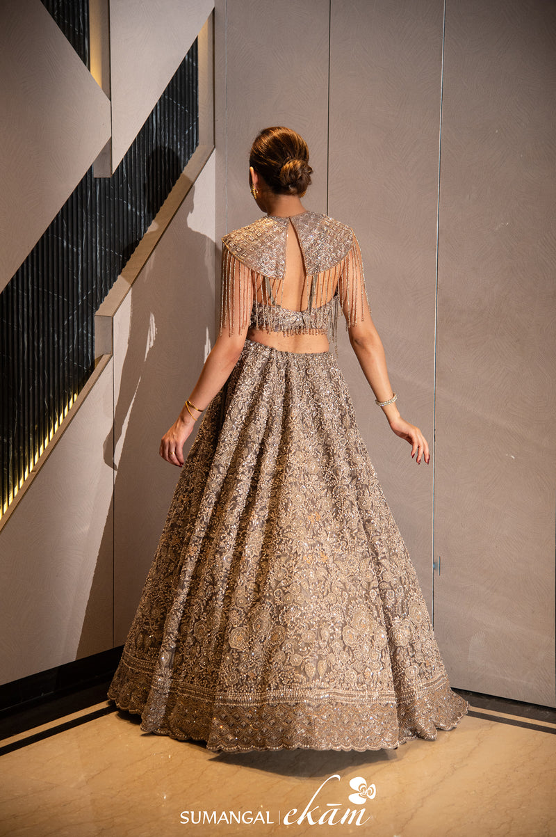 Designer Grey Net Party Wear Lehenga