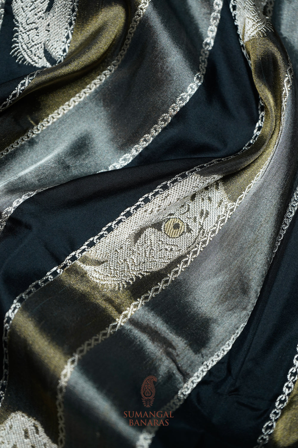 Handwoven Black Shikargah Banarasi Tissue Katan Silk Saree