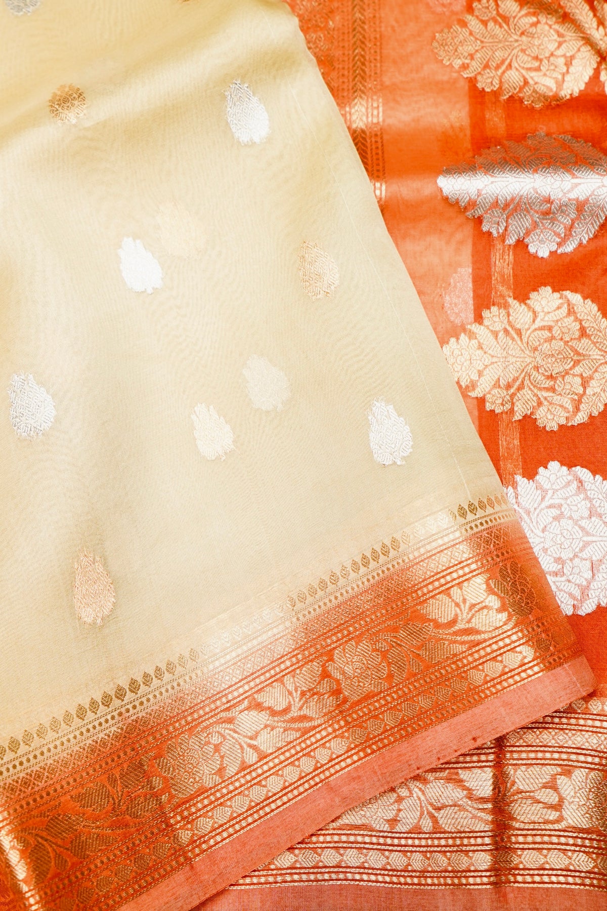 Handwoven Cream Banarasi Kora Silk Saree