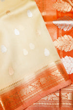 Handwoven Cream Banarasi Kora Silk Saree