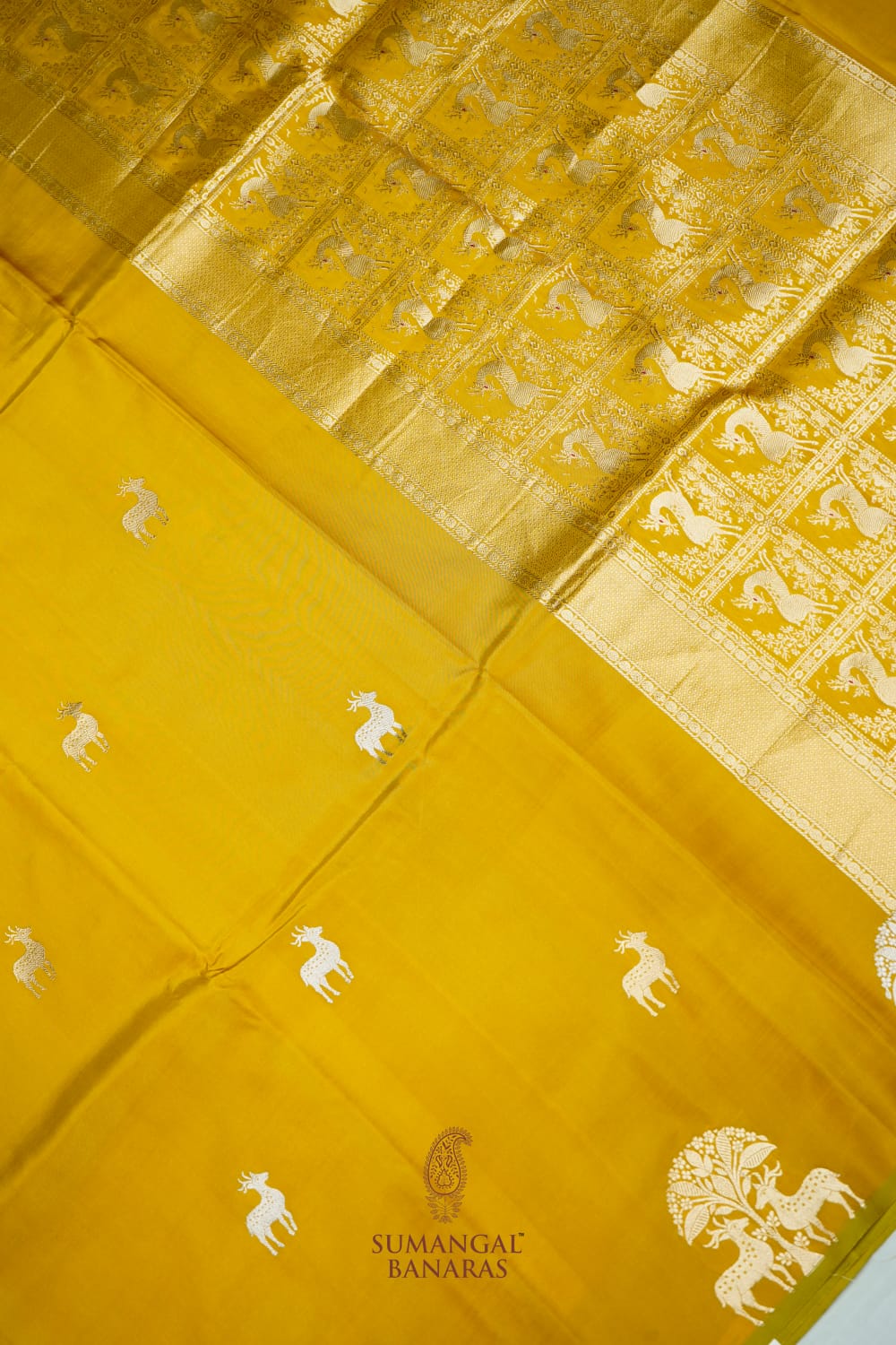 Handwoven Mustard Yellow Motif Banarasi Katan Silk Saree