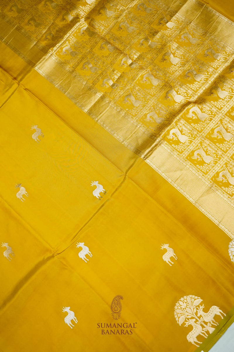 Handwoven Mustard Yellow Motif Banarasi Katan Silk Saree
