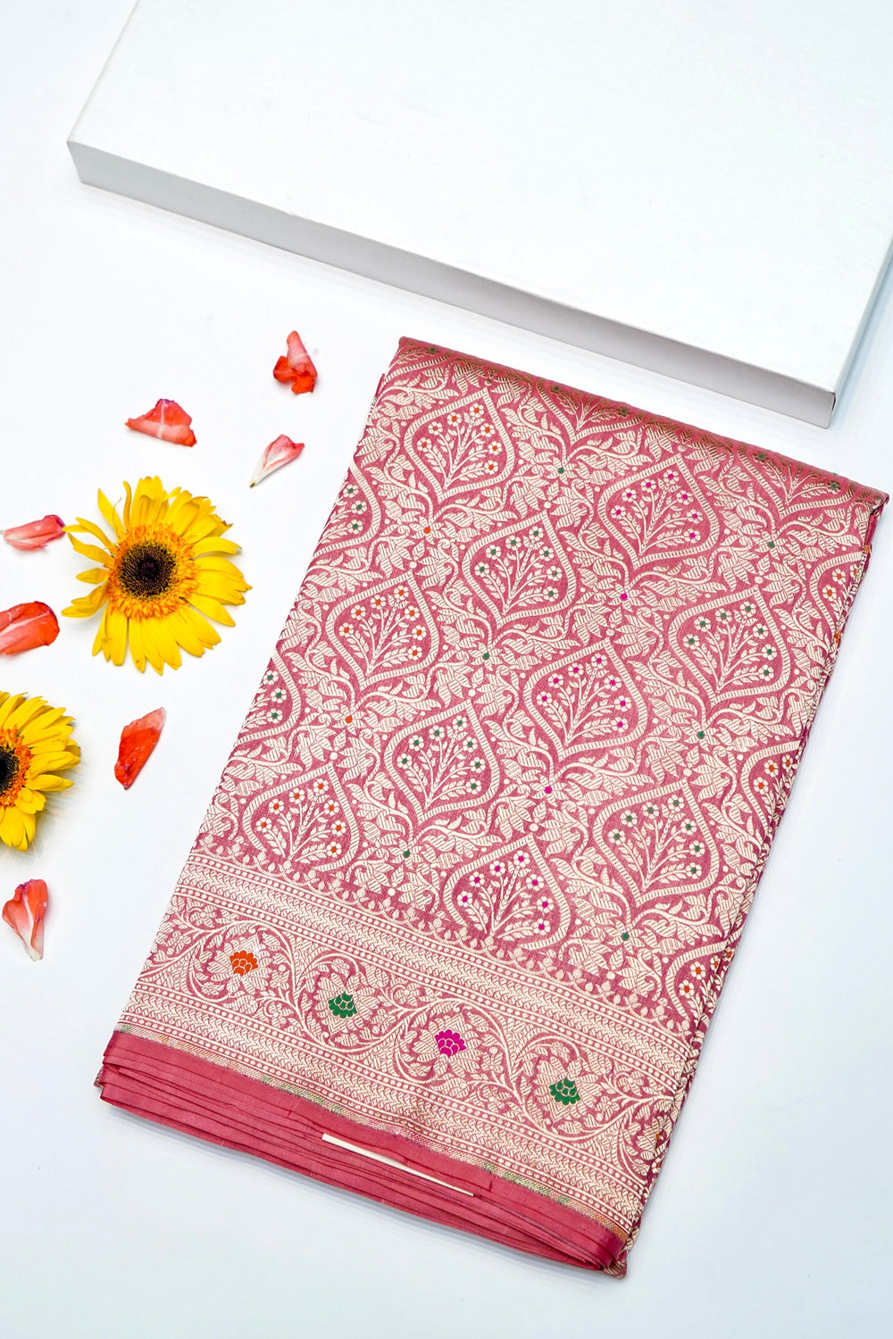 Handwoven Pink Meenakari Kadhwa Banarasi Katan Silk Saree