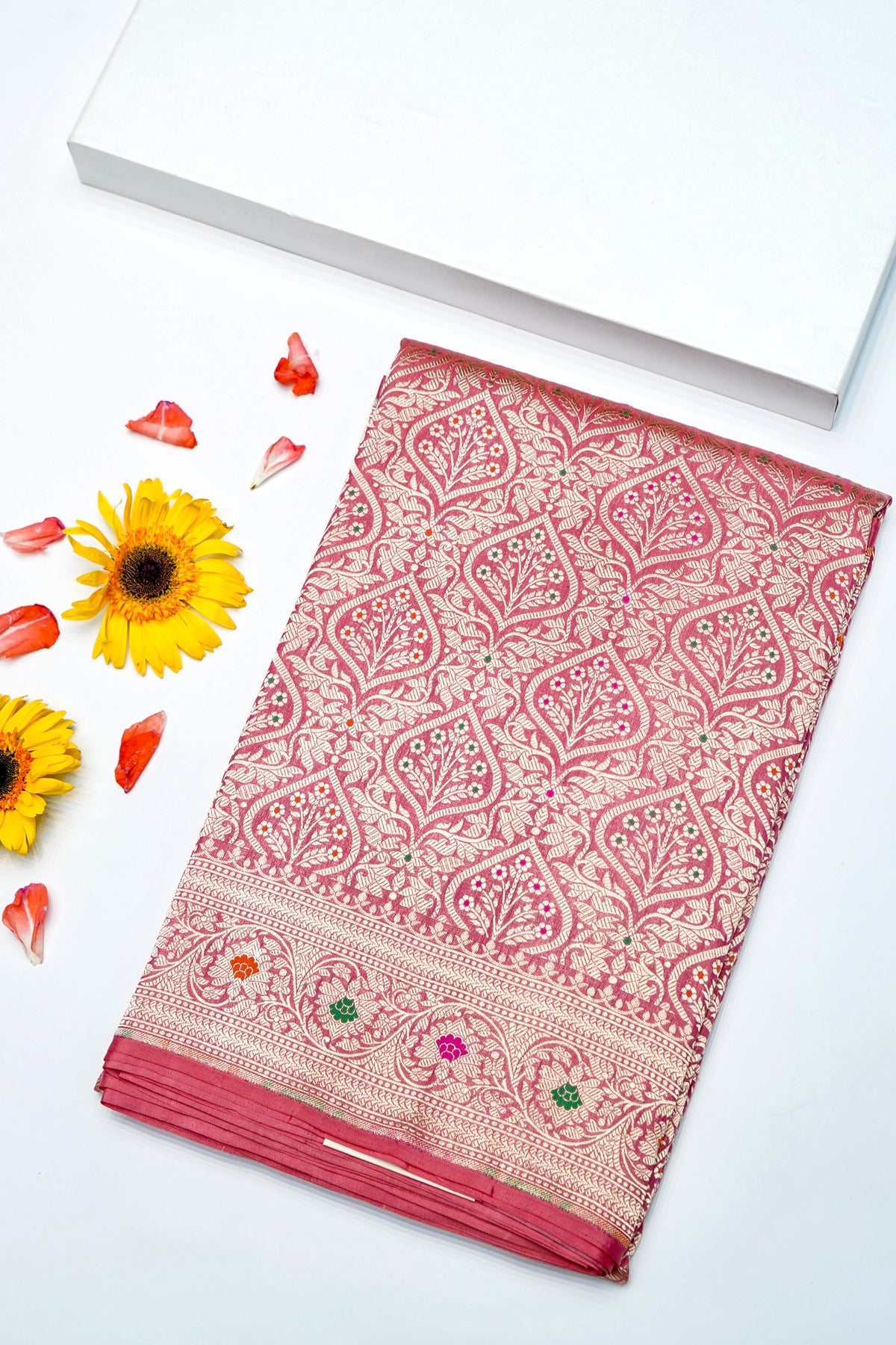 Handwoven Pink Meenakari Kadhwa Banarasi Katan Silk Saree