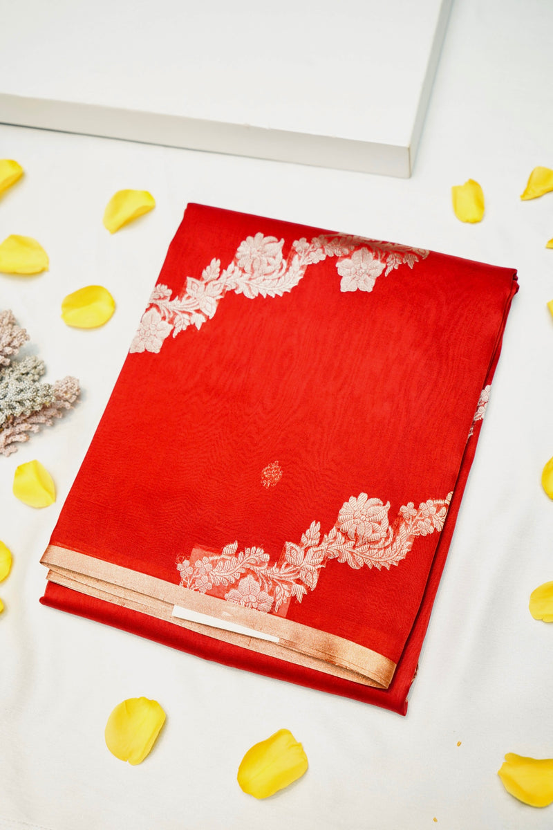 Handwoven Brick Red Banarasi Organza Saree