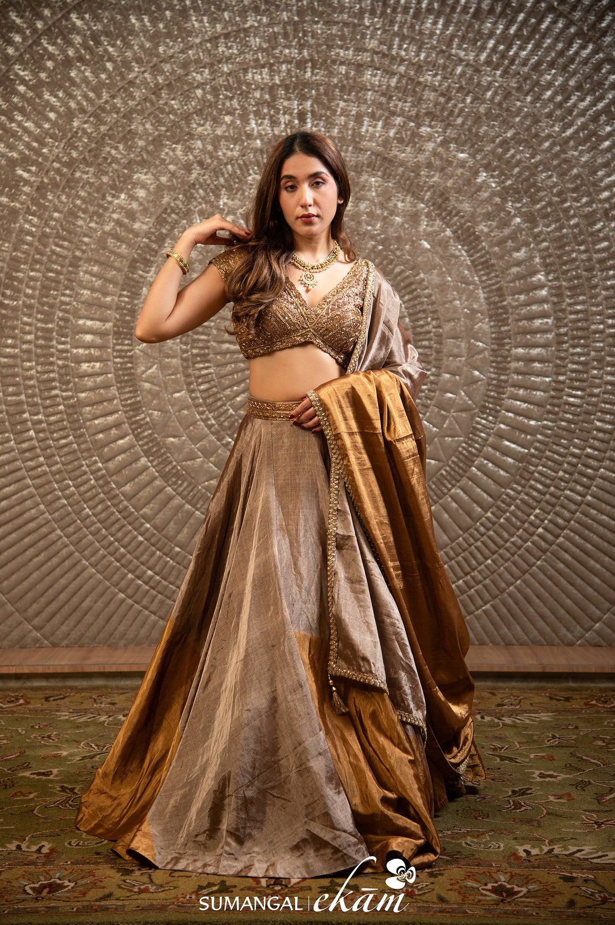 Designer Golden Silver Tissue Silk Party Wear Lehenga