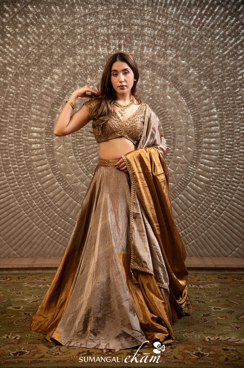 Designer Golden Silver Tissue Silk Party Wear Lehenga