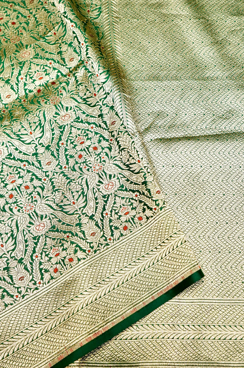 Handwoven Green Meenakari Kadhwa Banarasi Katan Silk Saree