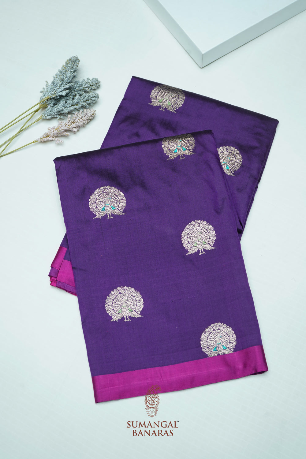 Handwoven Purple Motif Banarasi Katan Silk Saree