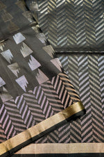 Handwoven Dark Grey Banarasi Soft Silk Saree