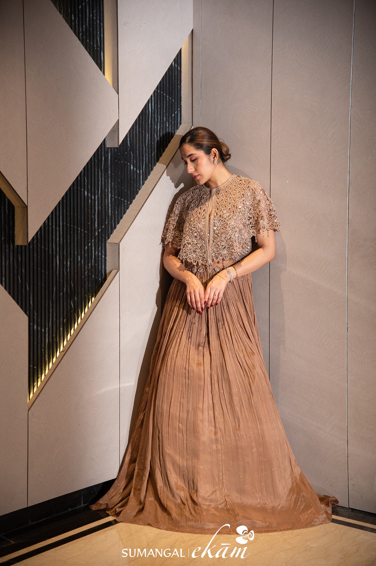 Designer Brown Crepe Silk Party Wear Crop Top