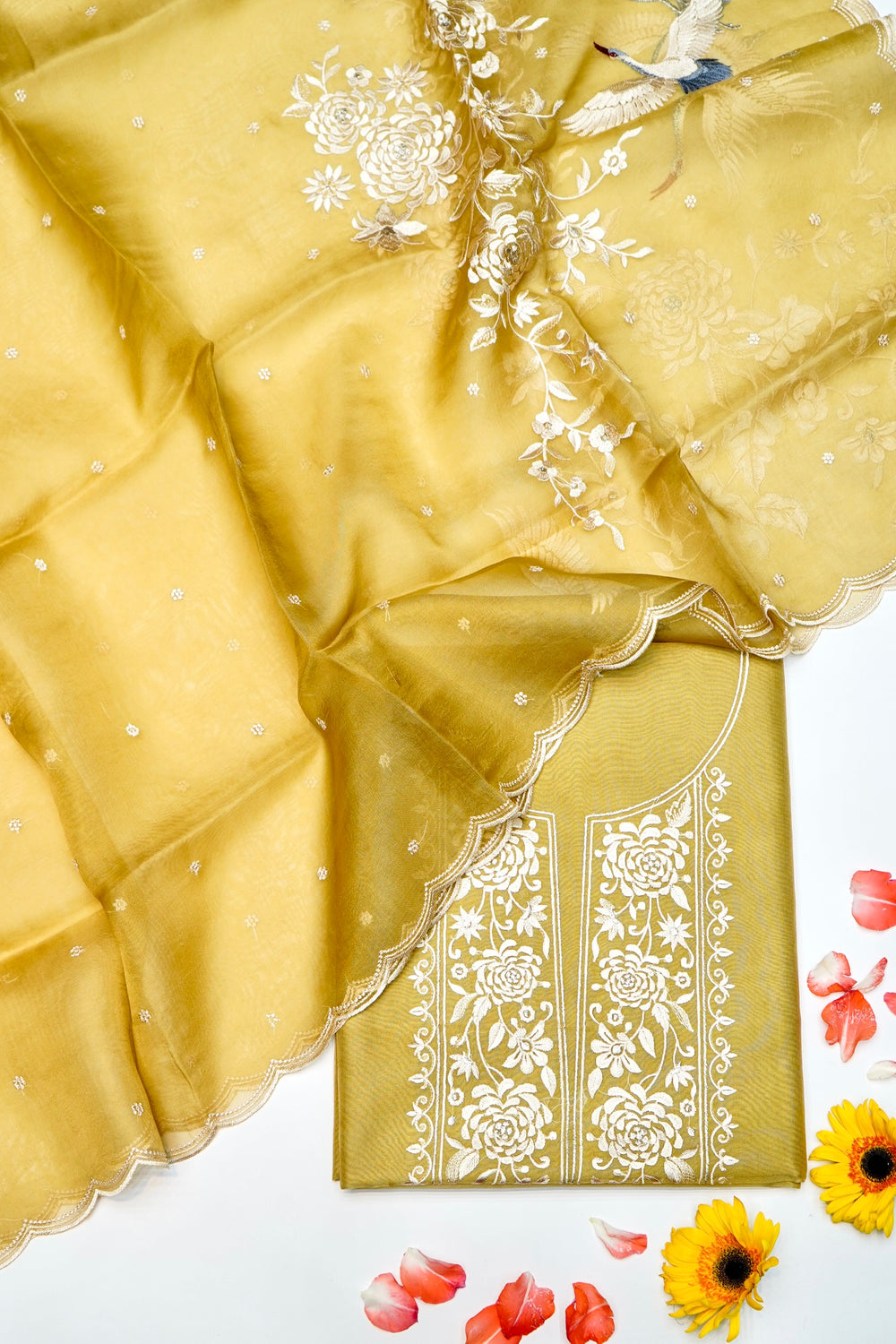 Designer Old Yellow Organza Silk Suit