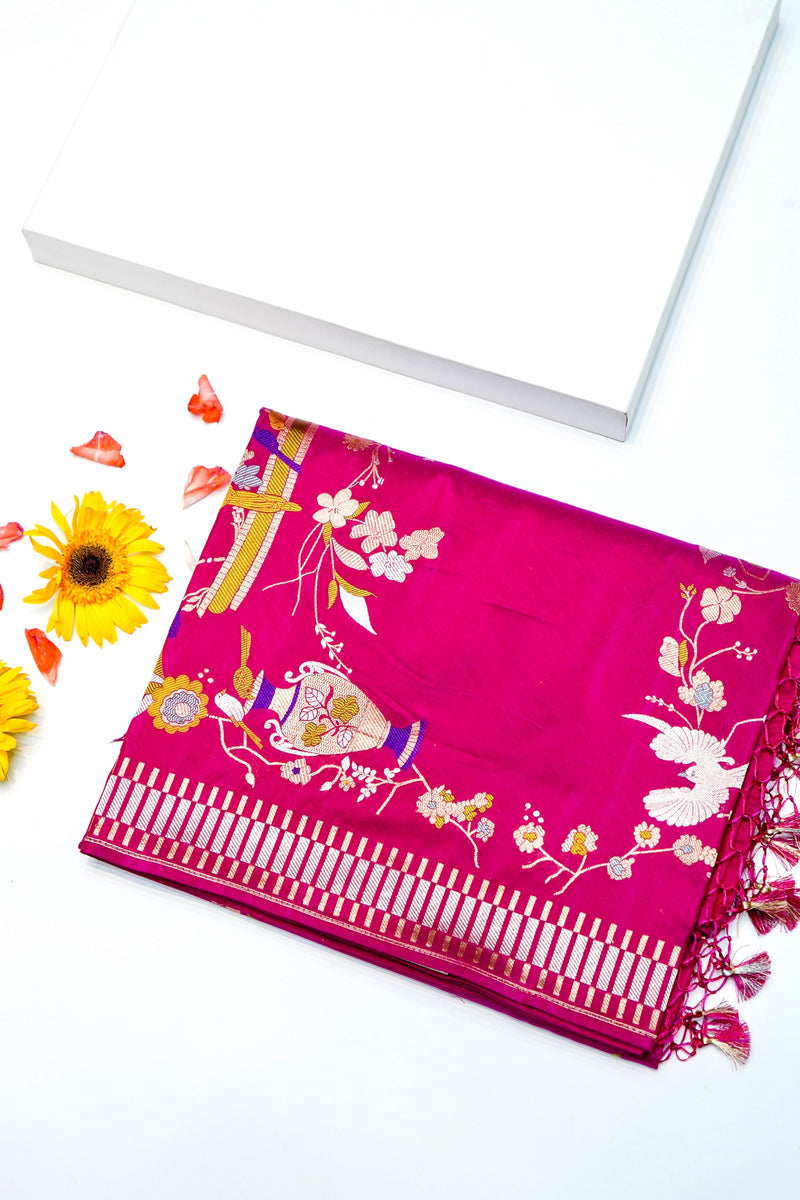 Handwoven Rani Pink Meenakari Banarasi Katan Silk Saree