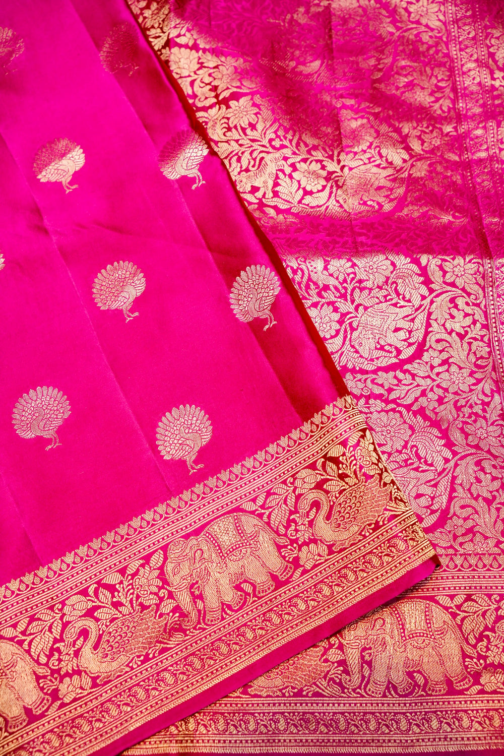 Handwoven Rani Pink Motif Banarasi Mashru Silk Saree