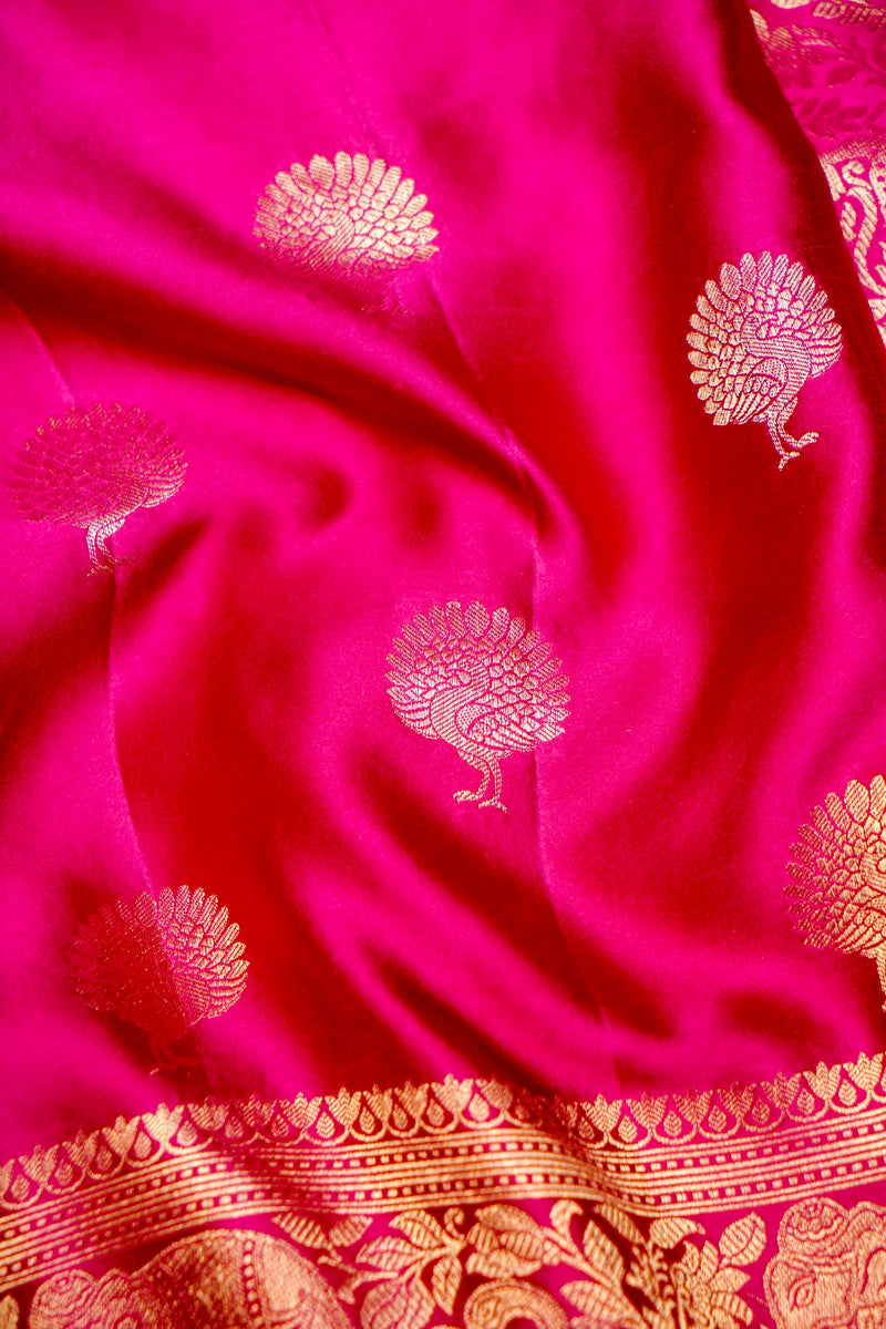 Handwoven Rani Pink Motif Banarasi Mashru Silk Saree