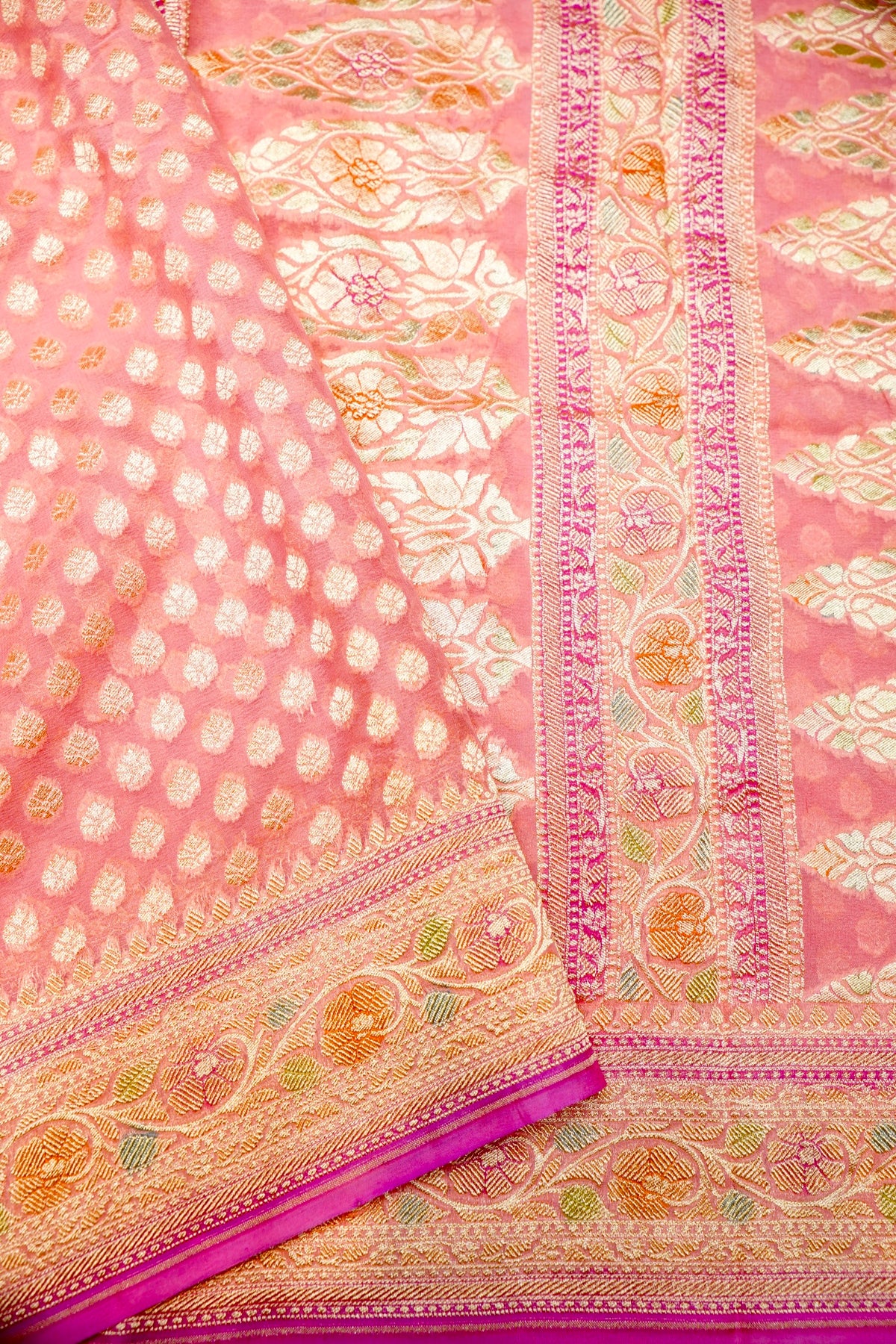 Handwoven Peach Banarasi Khaddi Georgette Saree