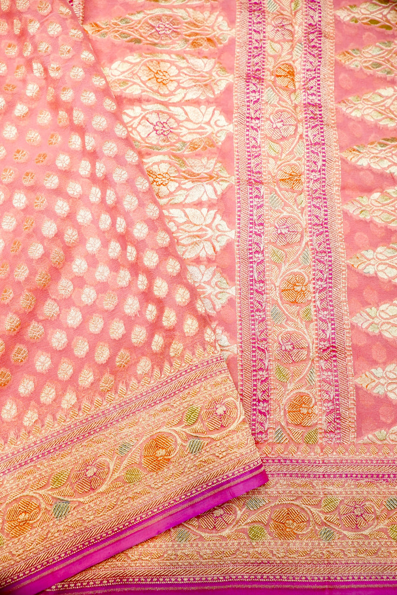 Handwoven Peach Banarasi Khaddi Georgette Saree
