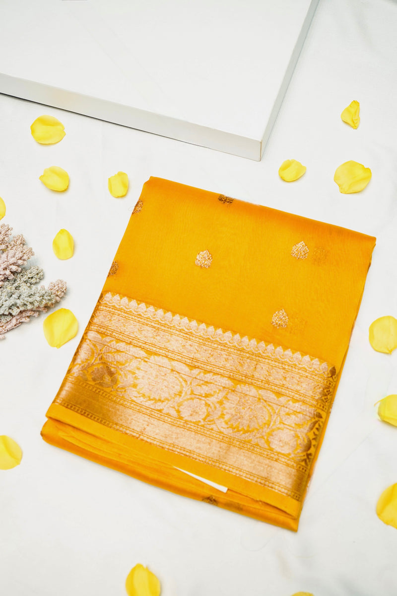 Handwoven Mustard Yellow Banarasi Organza Saree