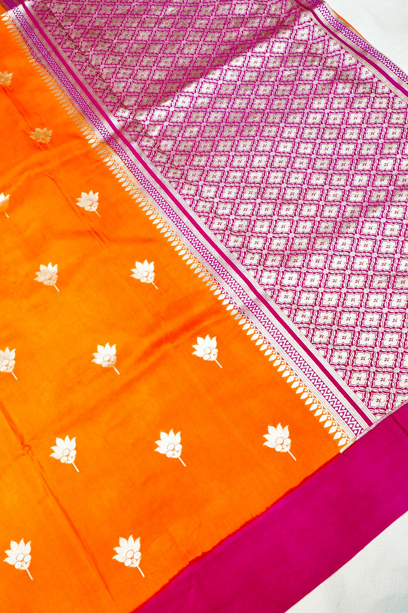 Handwoven Orange Banarasi Moonga Silk Saree