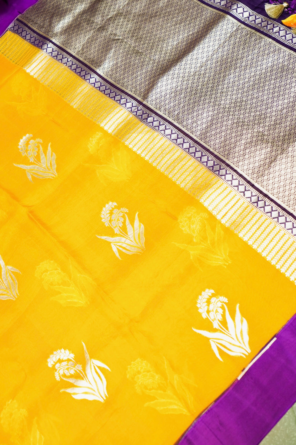 Handwoven Yellow Banarasi Organza Saree