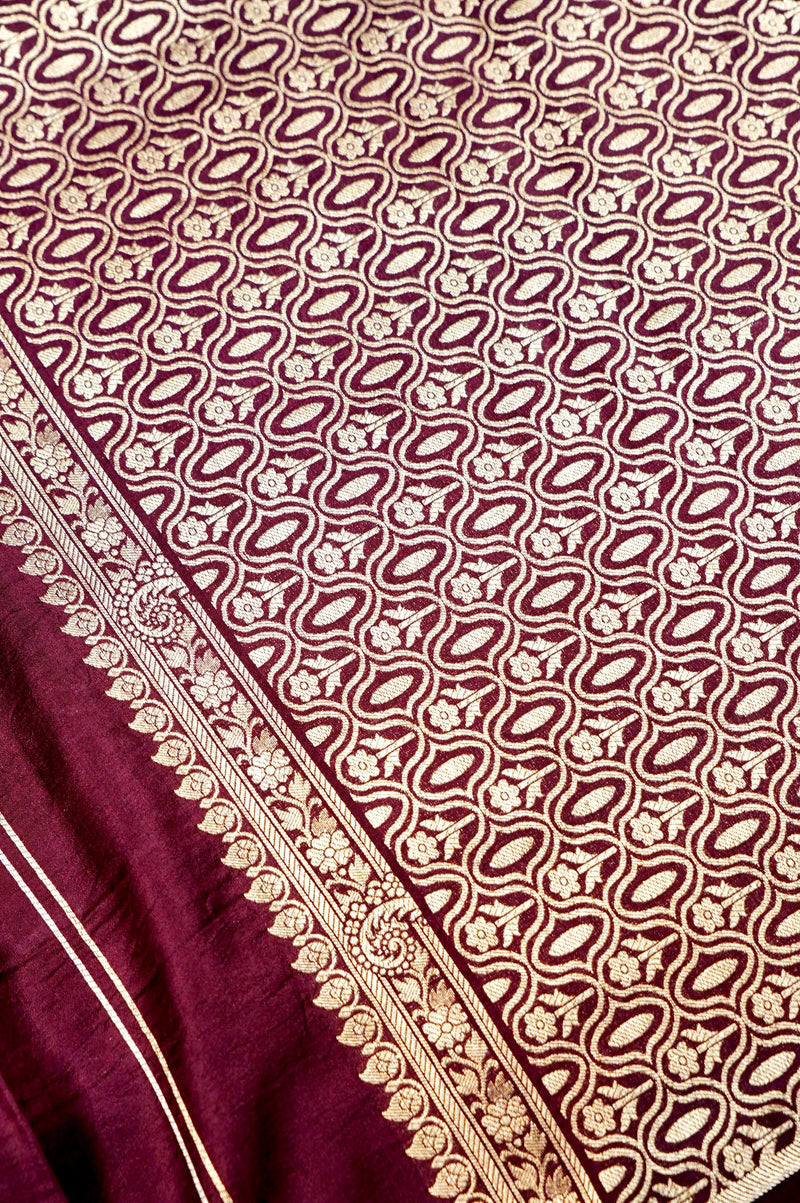 Handwoven Wine Kadhwa Banarasi Katan Silk Saree