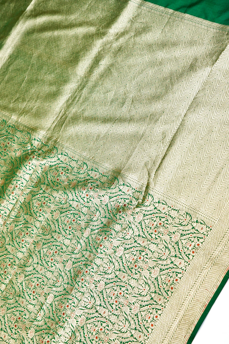 Handwoven Green Meenakari Kadhwa Banarasi Katan Silk Saree