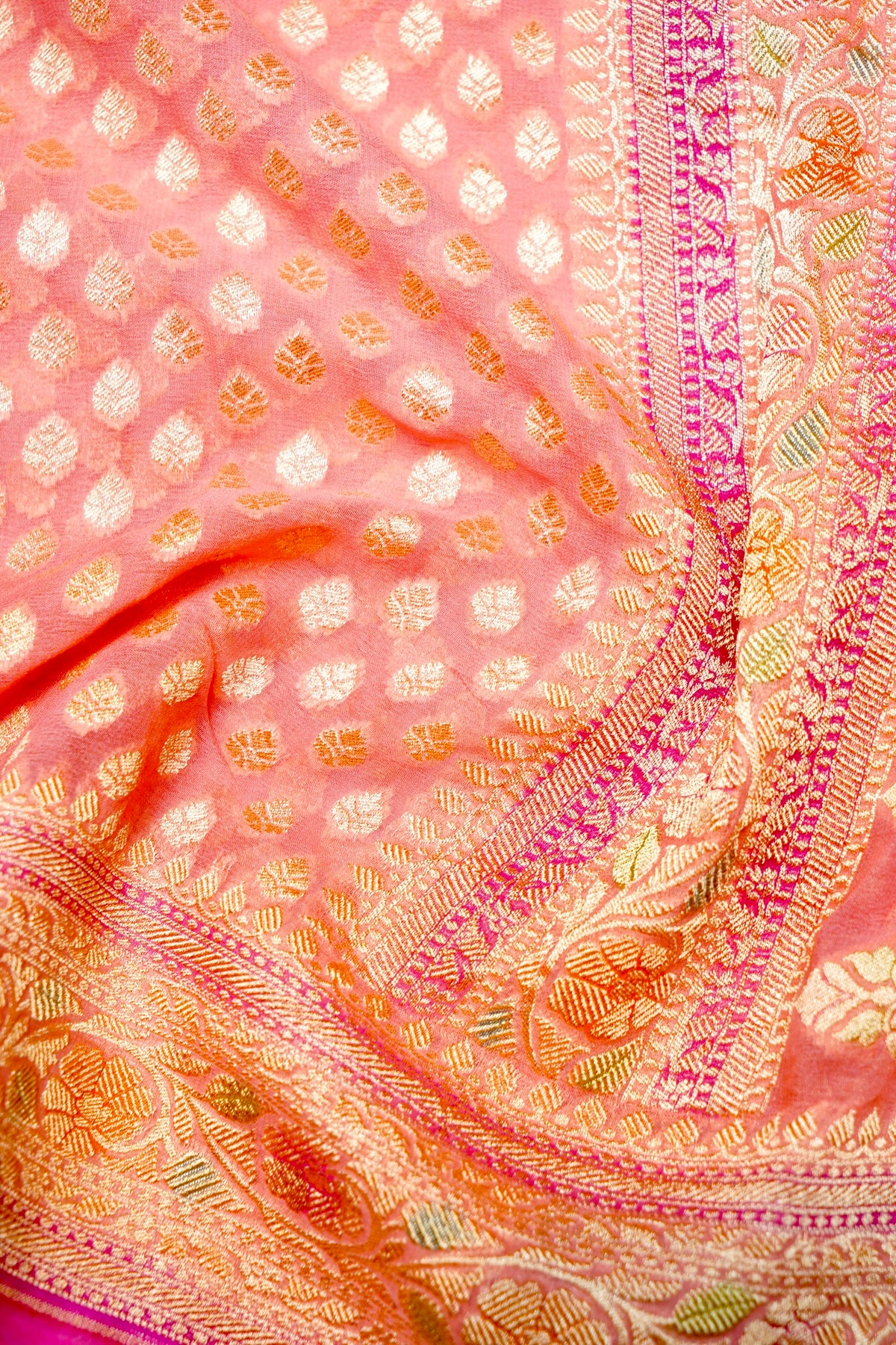 Handwoven Peach Banarasi Khaddi Georgette Saree
