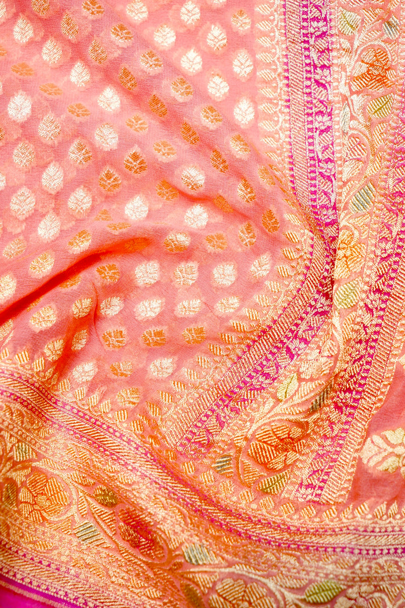 Handwoven Peach Banarasi Khaddi Georgette Saree