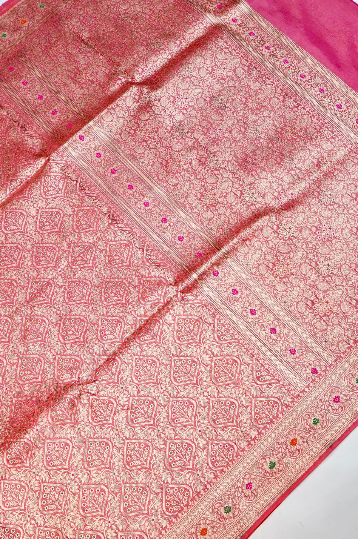 Handwoven Pink Meenakari Kadhwa Banarasi Katan Silk Saree