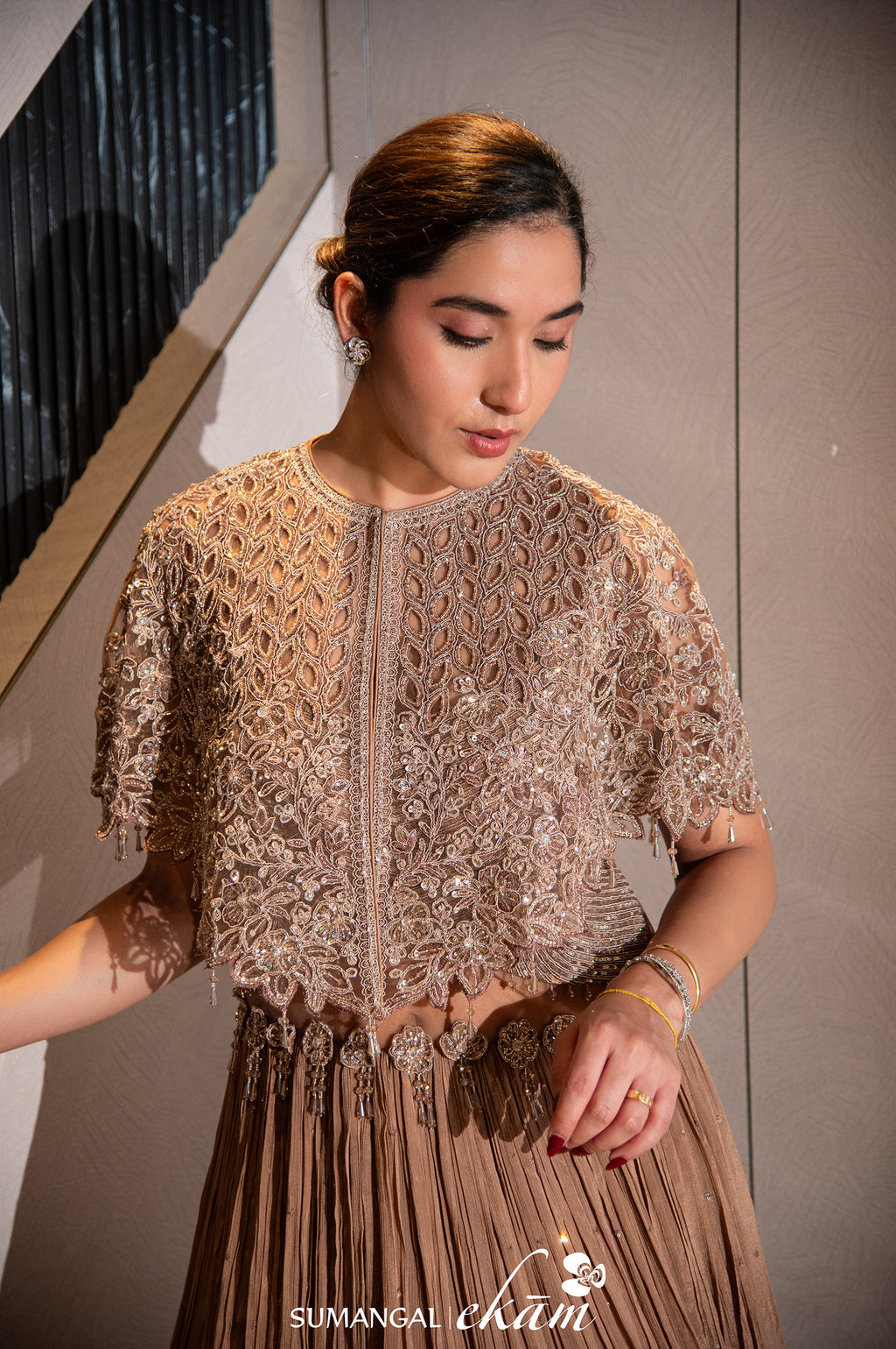 Designer Brown Crepe Silk Party Wear Crop Top