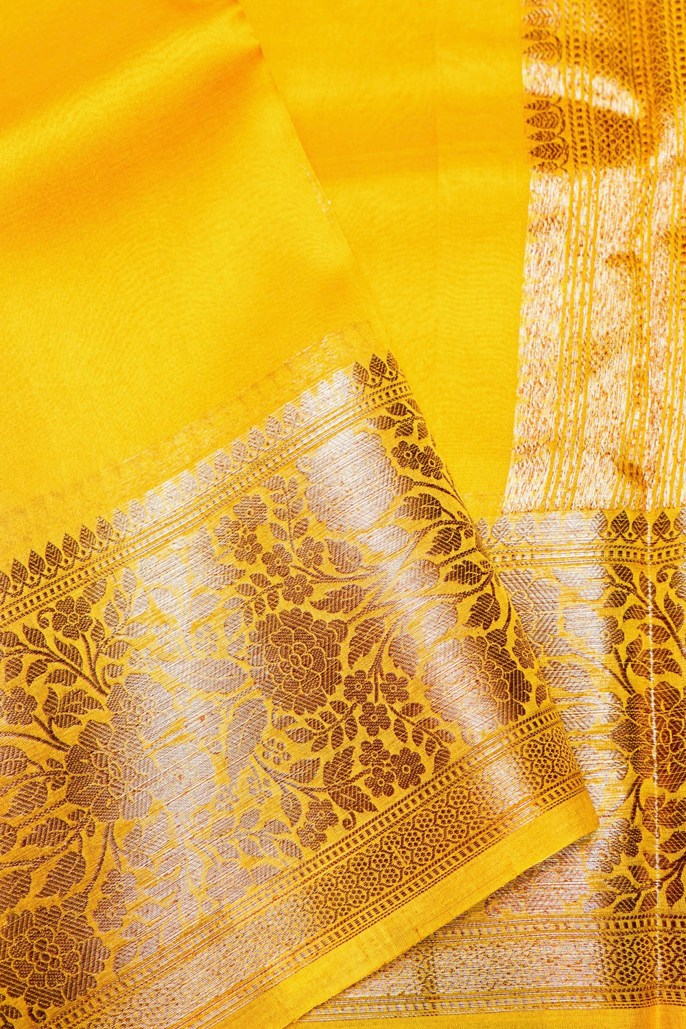 Handwoven Lemon Yellow Banarasi Kora Silk Saree