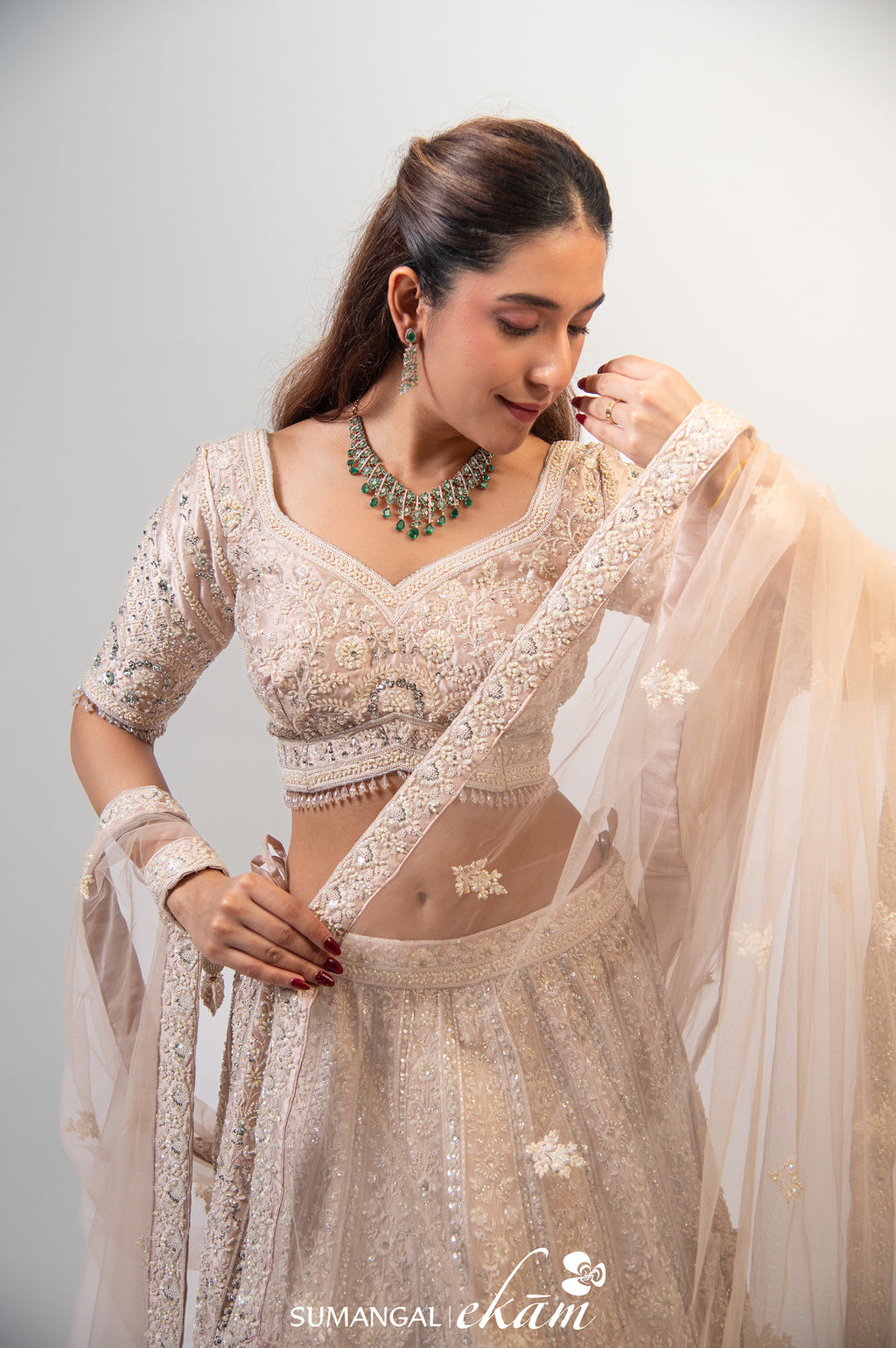 Designer Peach Net Party Wear Lehenga