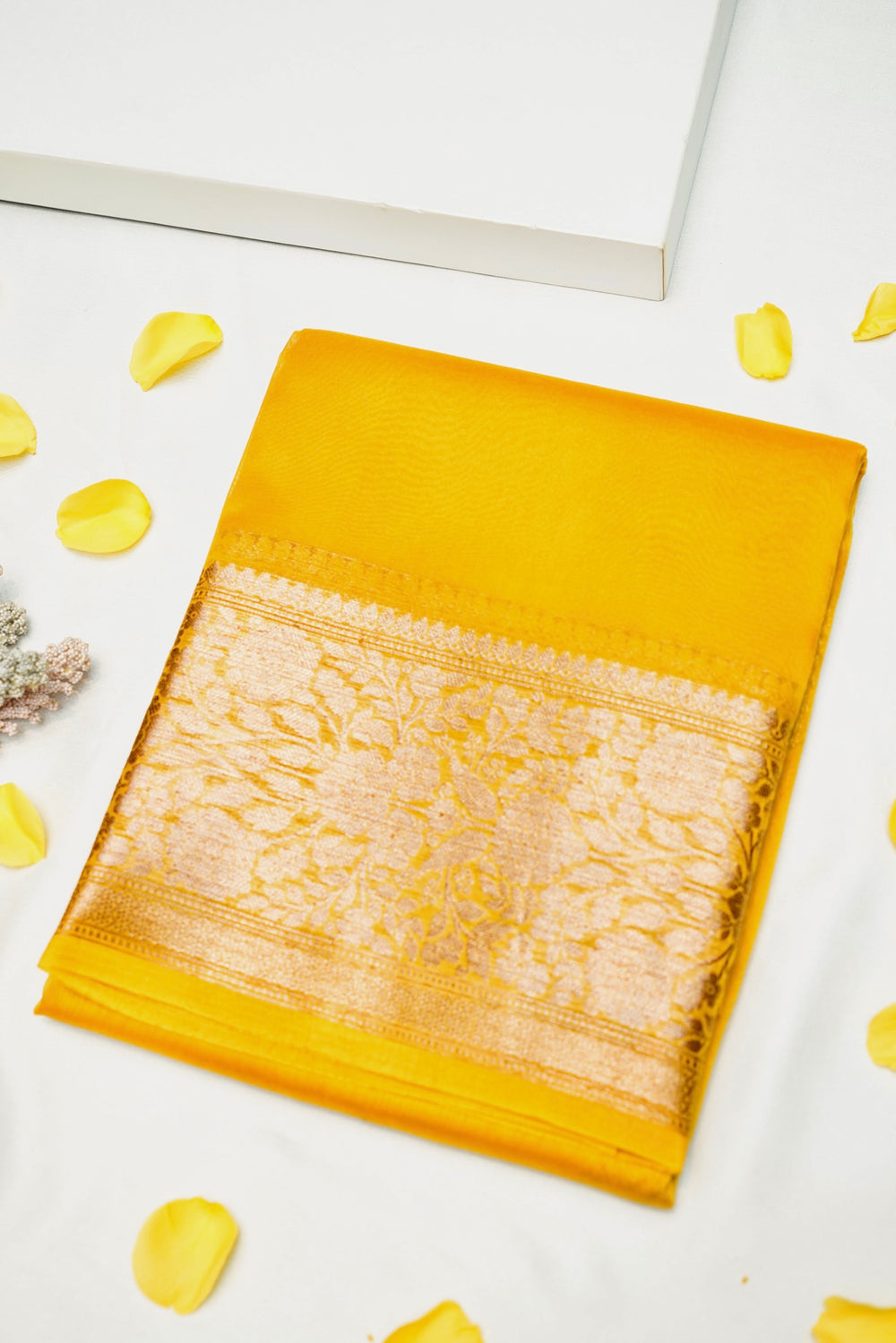 Handwoven Lemon Yellow Banarasi Kora Silk Saree