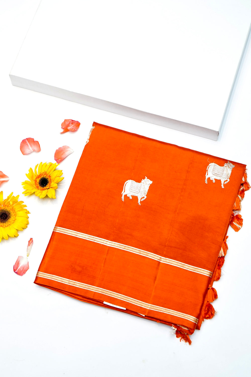 Handwoven Orange Motifs Banarasi Katan Silk Saree