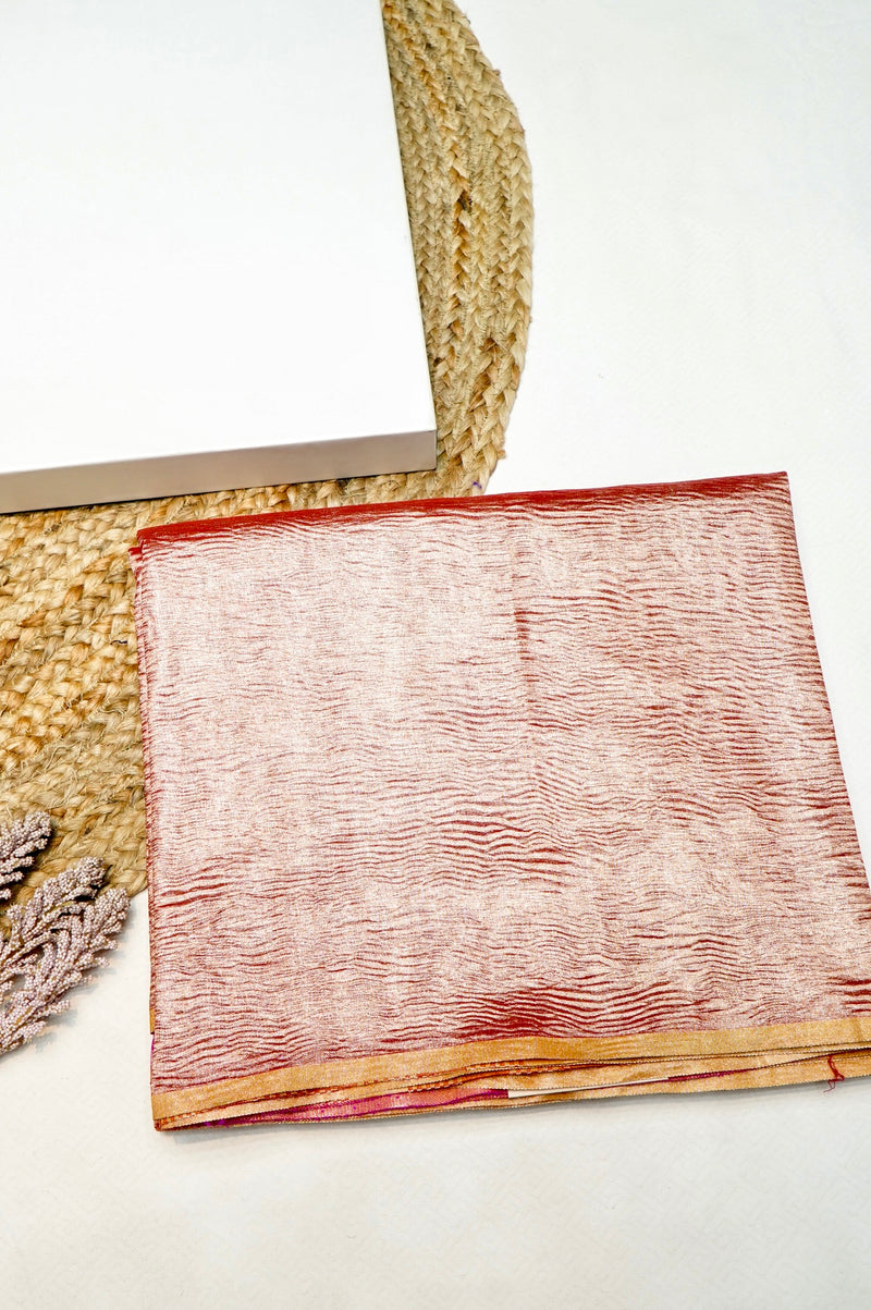 Handwoven Rose Gold Banarasi Crush Tissue Saree