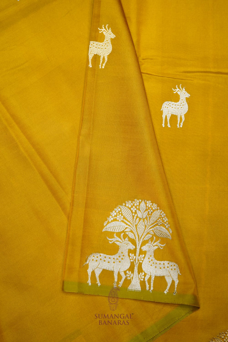 Handwoven Mustard Yellow Motif Banarasi Katan Silk Saree