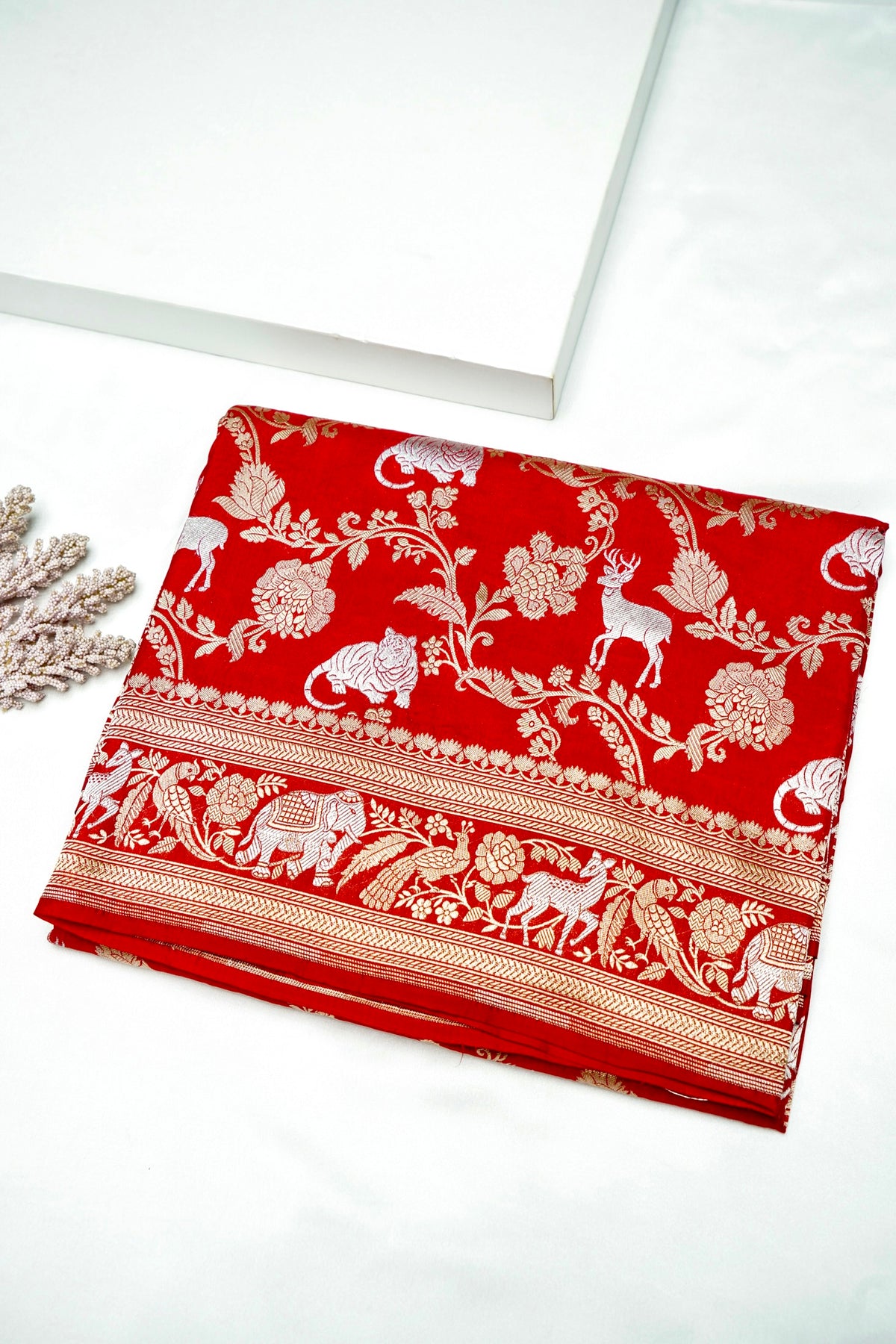 Handwoven Brick Red Shikargah Banarasi Katan Silk Saree
