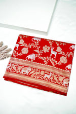 Handwoven Brick Red Shikargah Banarasi Katan Silk Saree