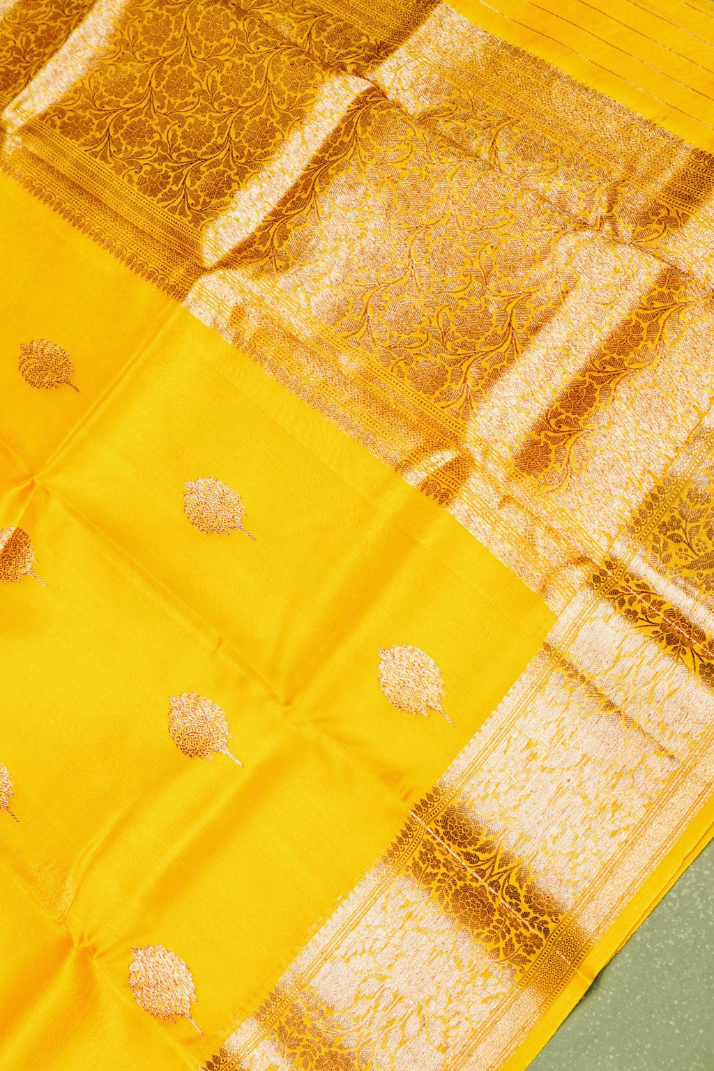 Handwoven Lemon Yellow Banarasi Kora Silk Saree