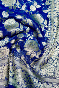 Handwoven Royal Blue Banarasi Khaddi Georgette Saree