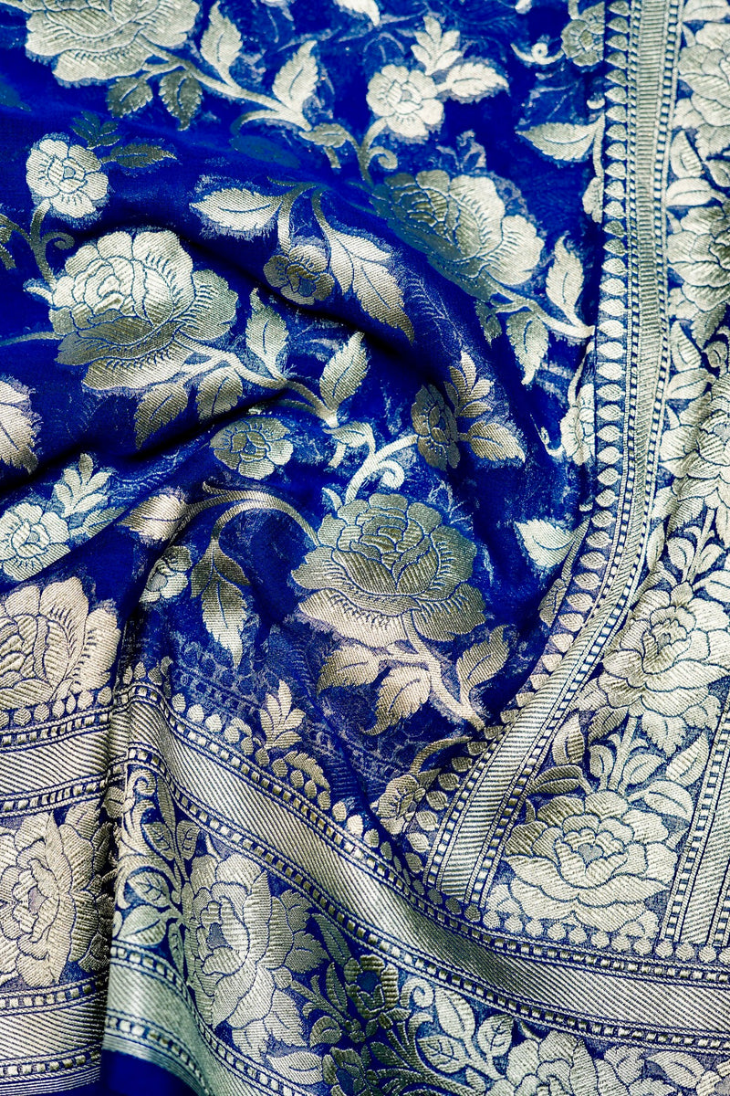 Handwoven Royal Blue Banarasi Khaddi Georgette Saree
