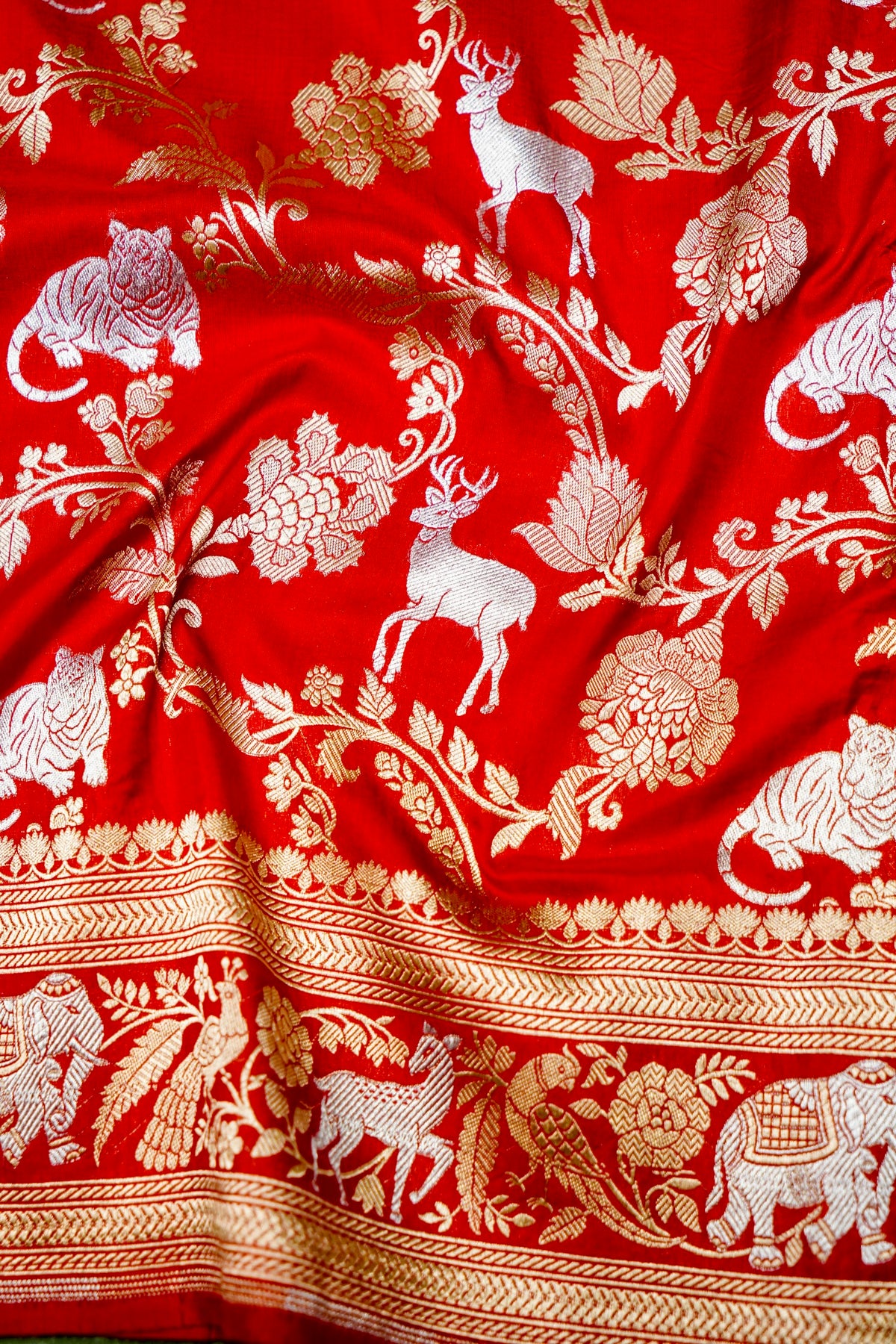 Handwoven Brick Red Shikargah Banarasi Katan Silk Saree