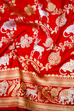 Handwoven Brick Red Shikargah Banarasi Katan Silk Saree