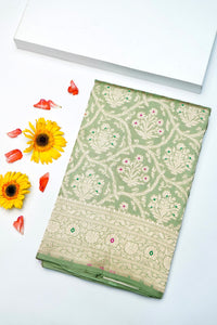 Handwoven Pista Green Meenakari Kadhwa Banarasi Katan Silk Saree