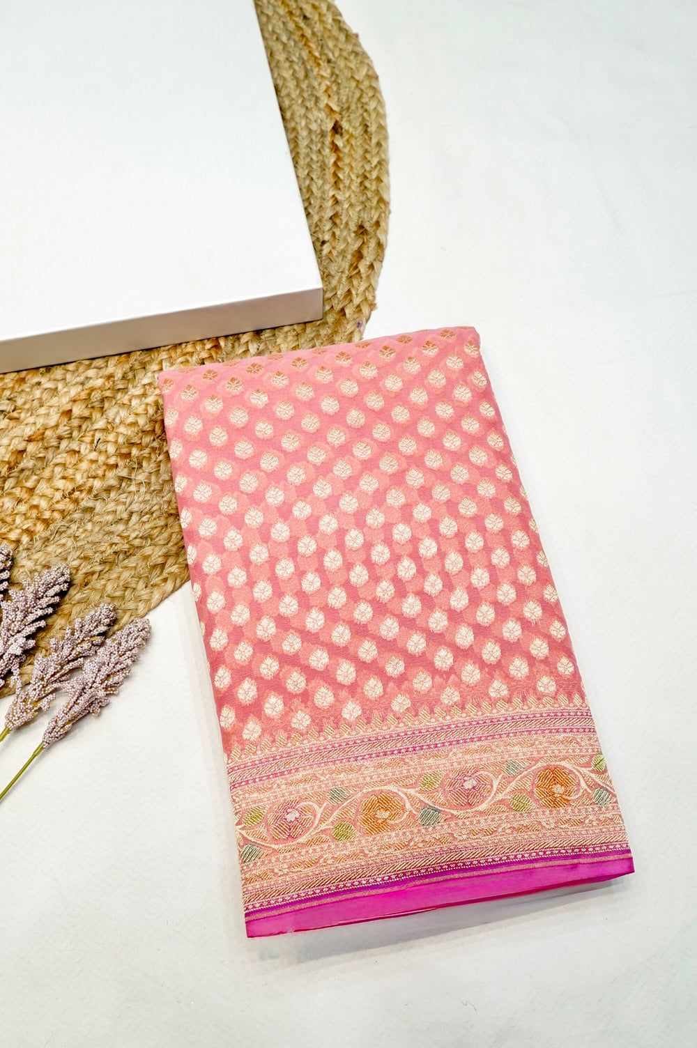 Handwoven Peach Banarasi Khaddi Georgette Saree