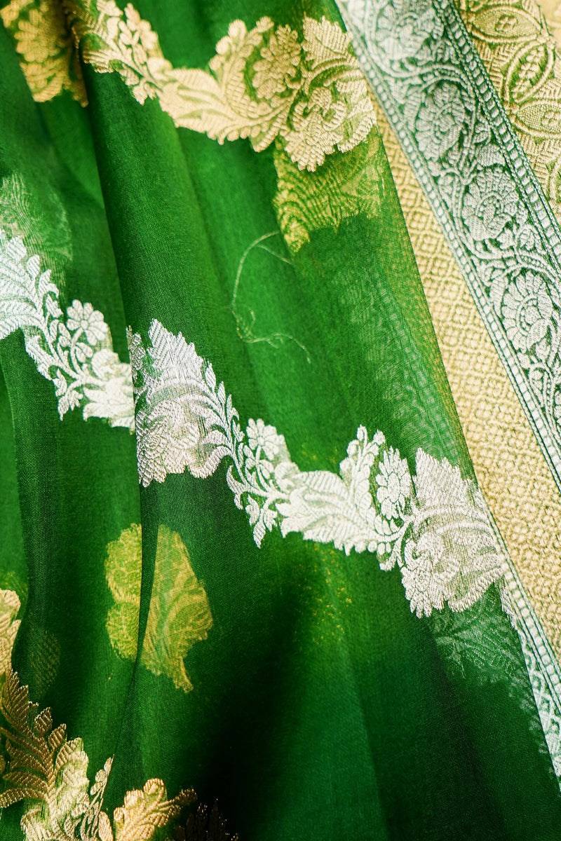 Handwoven Parrot Green Banarasi Organza Saree