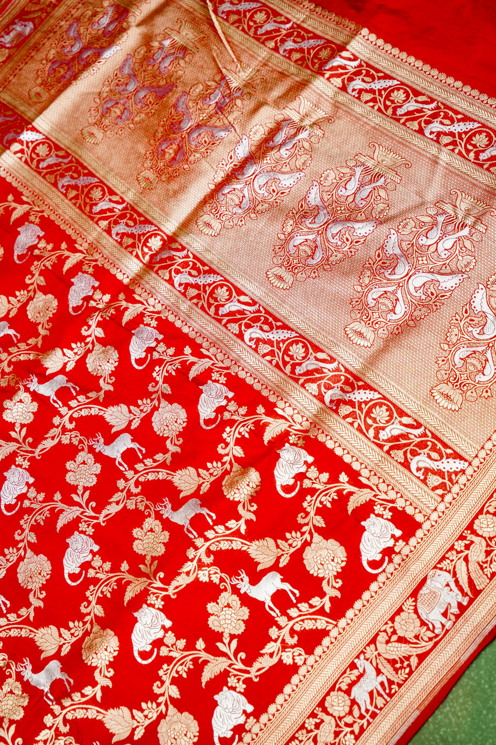 Handwoven Brick Red Shikargah Banarasi Katan Silk Saree