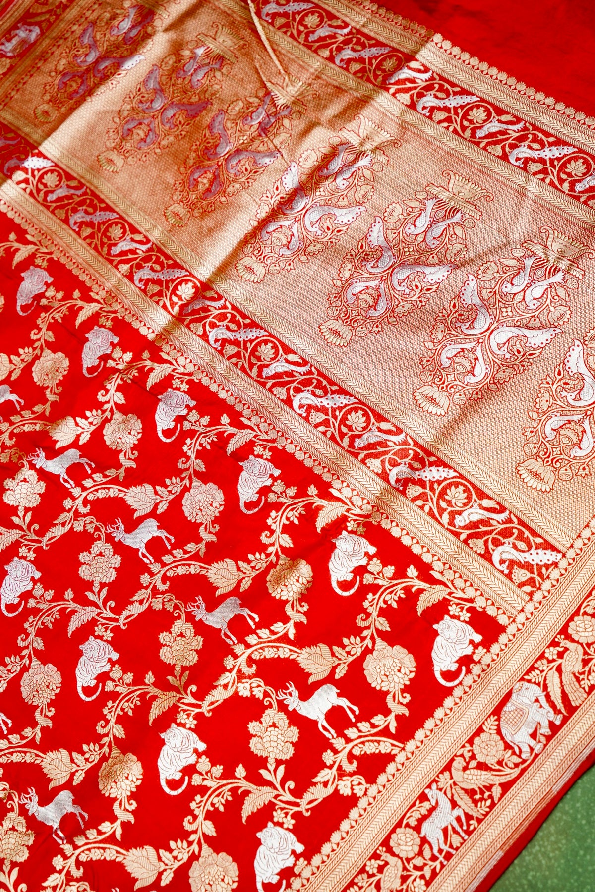 Handwoven Brick Red Shikargah Banarasi Katan Silk Saree